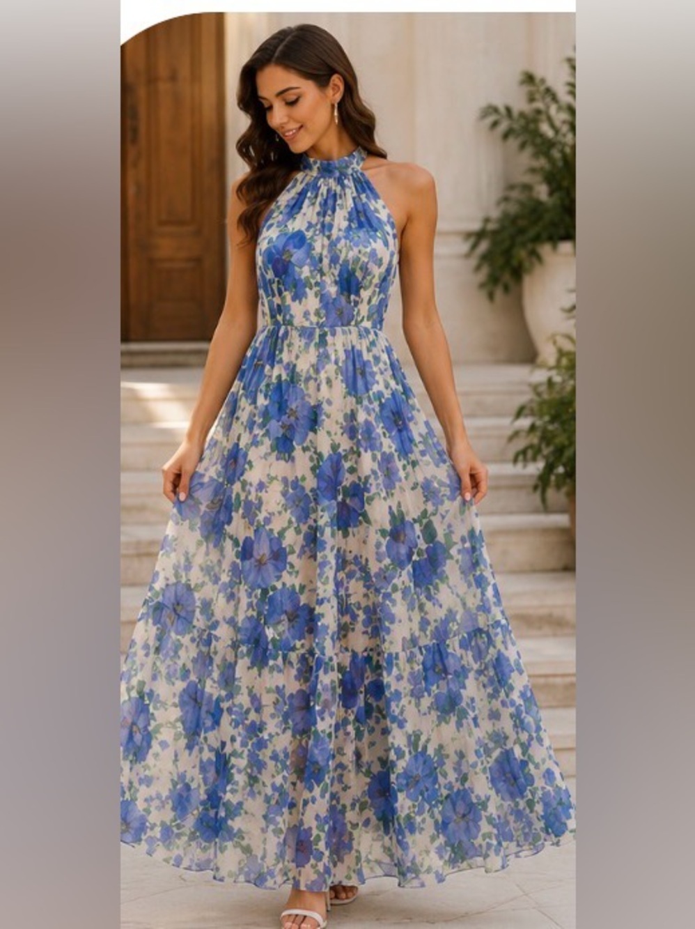 BHLDN by Anthropologie Blue Floral Chiffon Tiered Maxi Dress XS